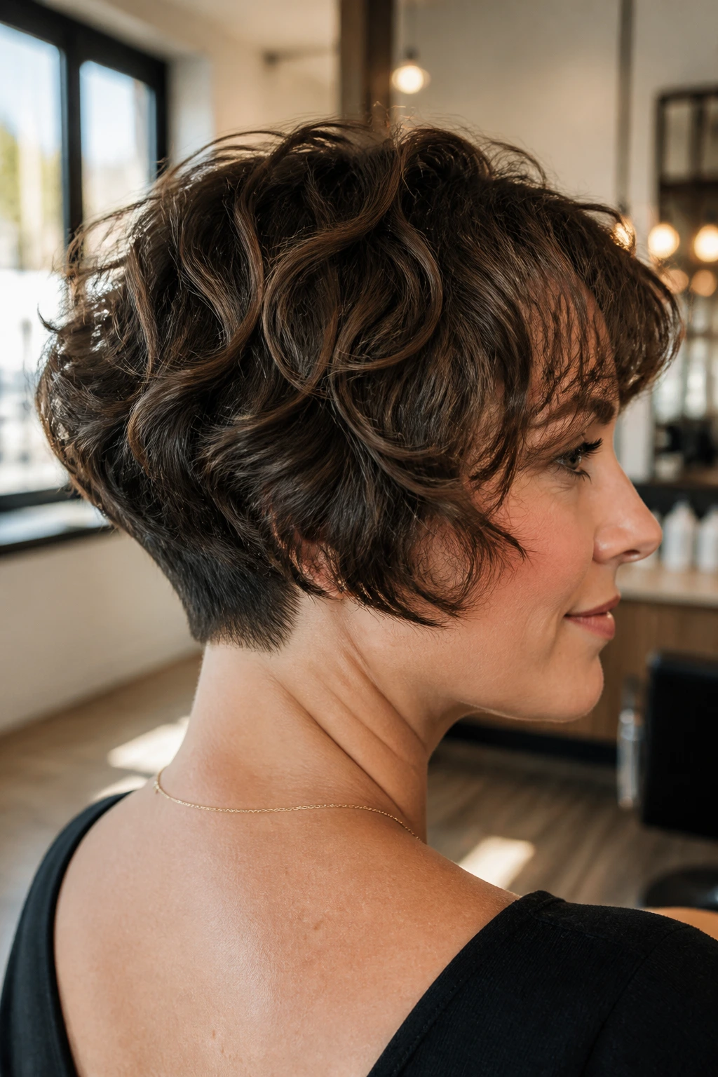 Close-up of a real woman with layered bob and tapered nape