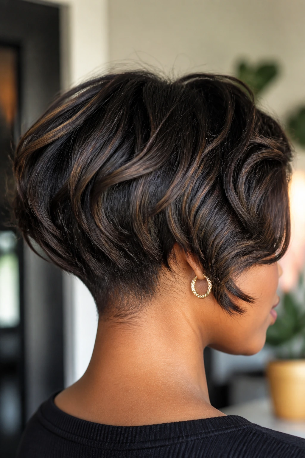 Close-up of real Black woman with layered bob and tapered nape in natural light