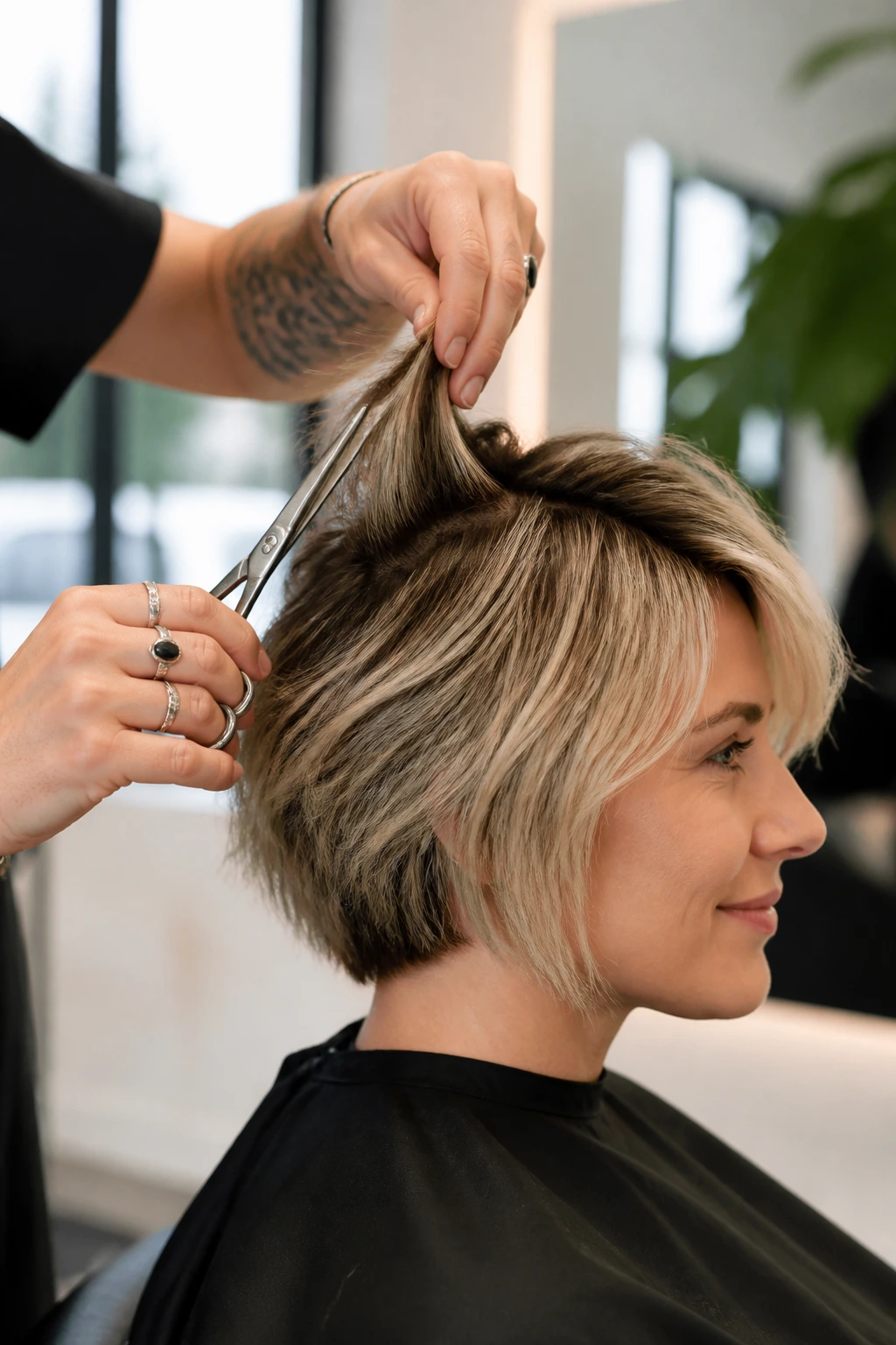 Close-up of stylist's hands sectioning a real client's short layered bob in a bright salon.