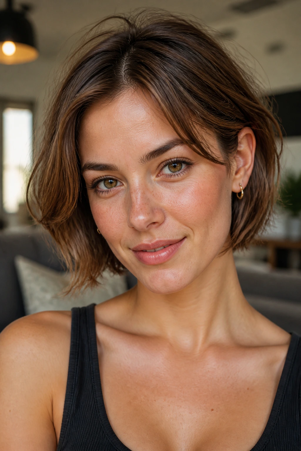 Real woman with layered bob tucked behind ears showing cheekbones