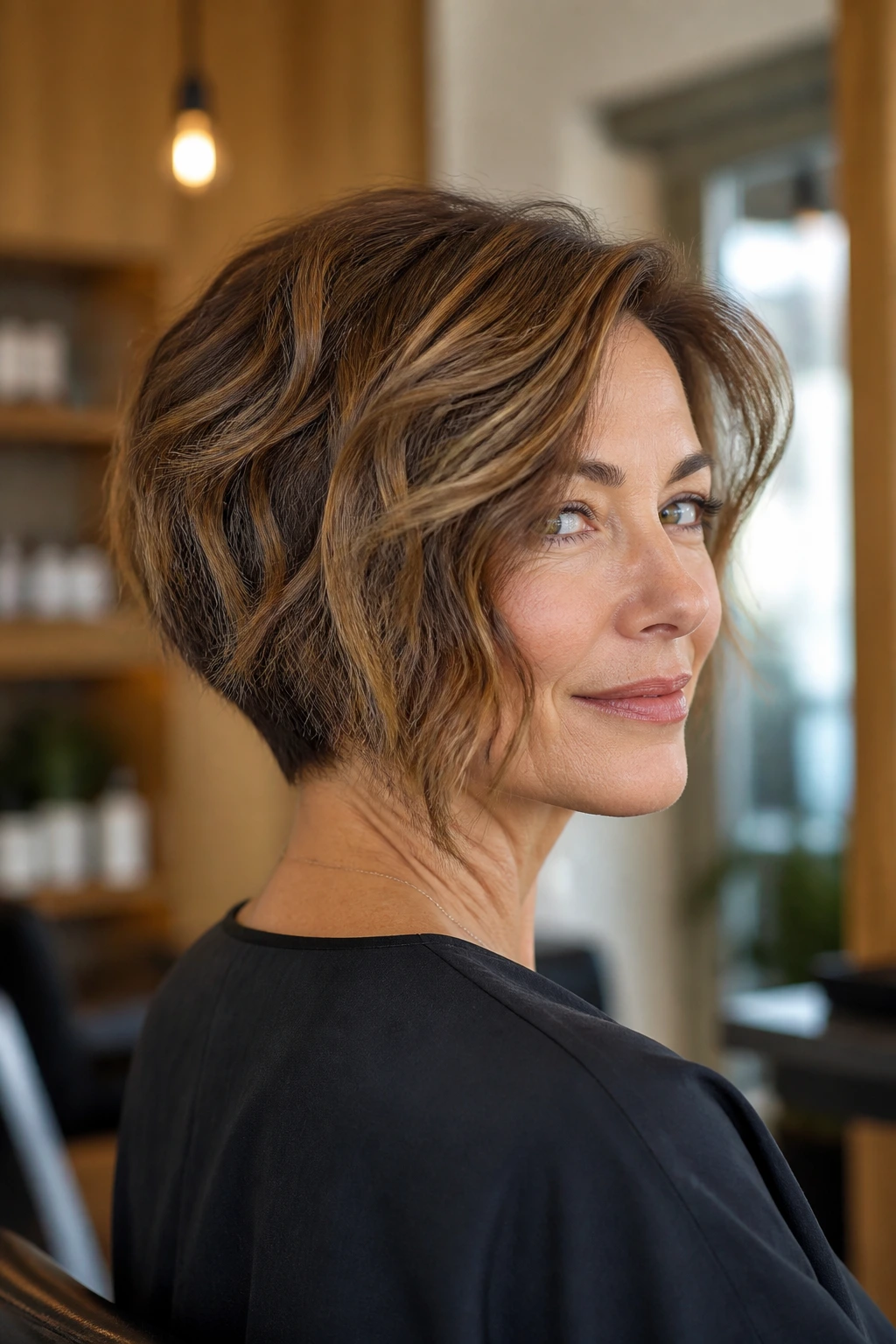Close-up of real woman with layered angled bob and under-nape taper showing back silhouette
