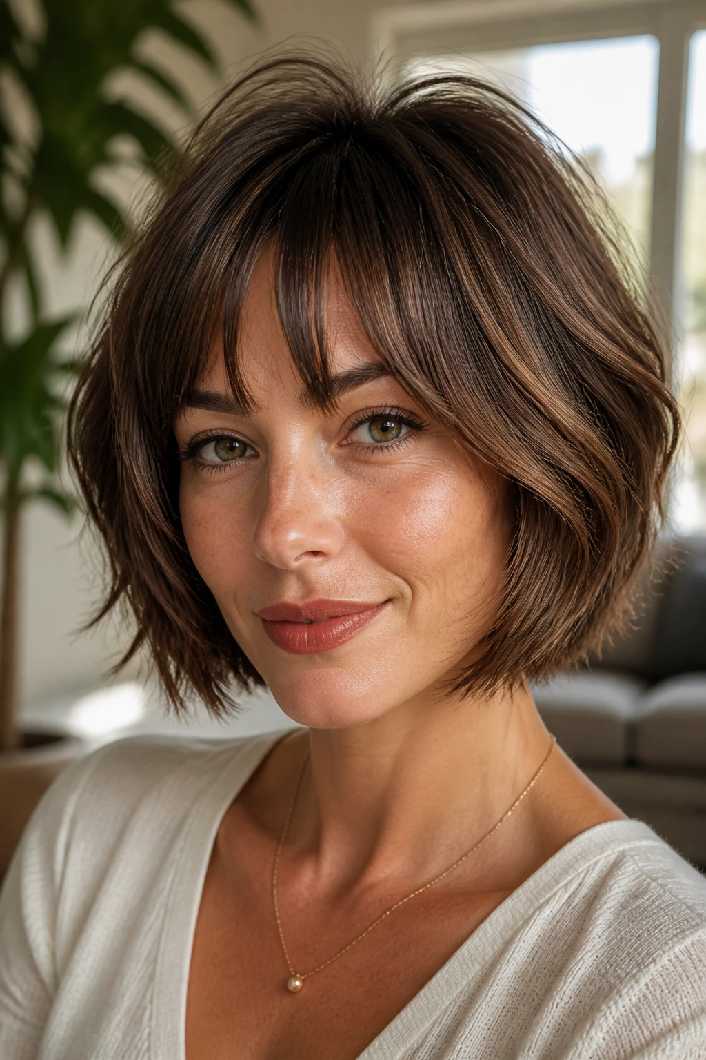 Close-up portrait of a real person with layered bob and bangs in a sunlit living room
