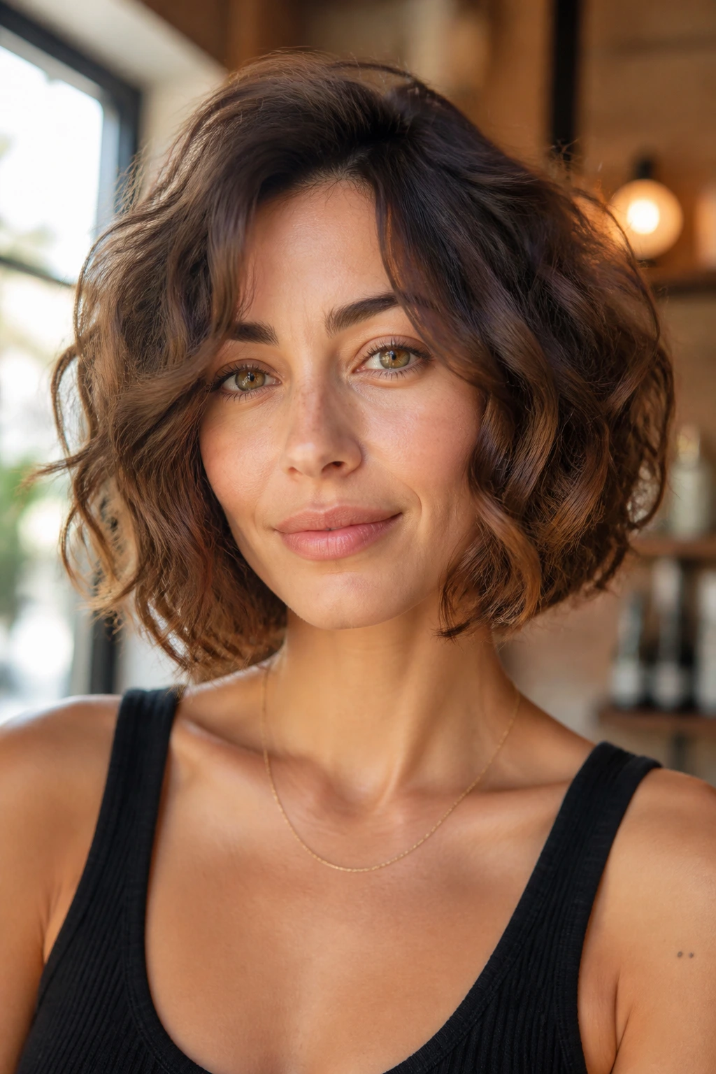 Woman with wavy layered bob, front view