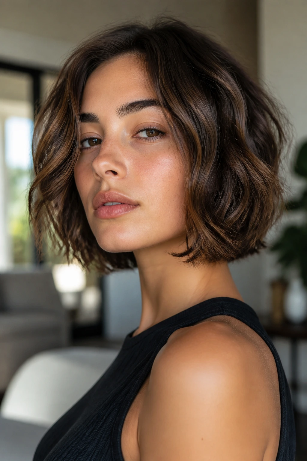 Close-up of a real woman with a layered bob on wavy hair illustrating how layers change the shape around the jaw.