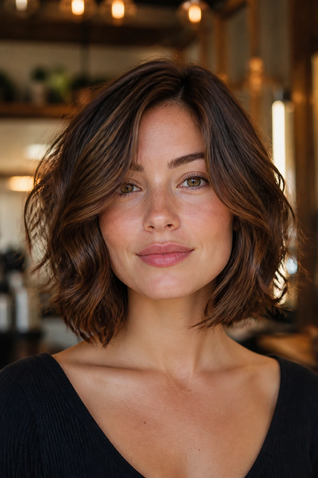 Portrait of a real person with a layered bob on wavy hair in a salon