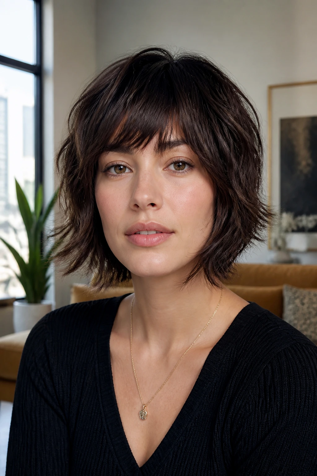 Real woman with layered bob wolfcut in bright urban living room