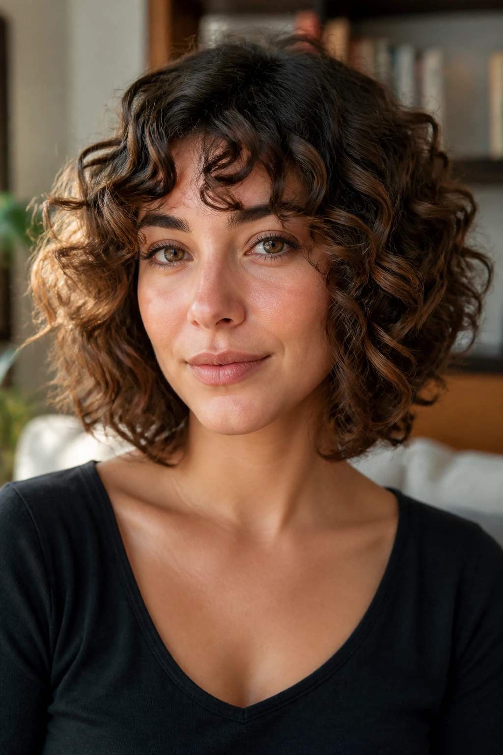 Close-up of a real woman with layered curly bob showing jawline balance and curl movement