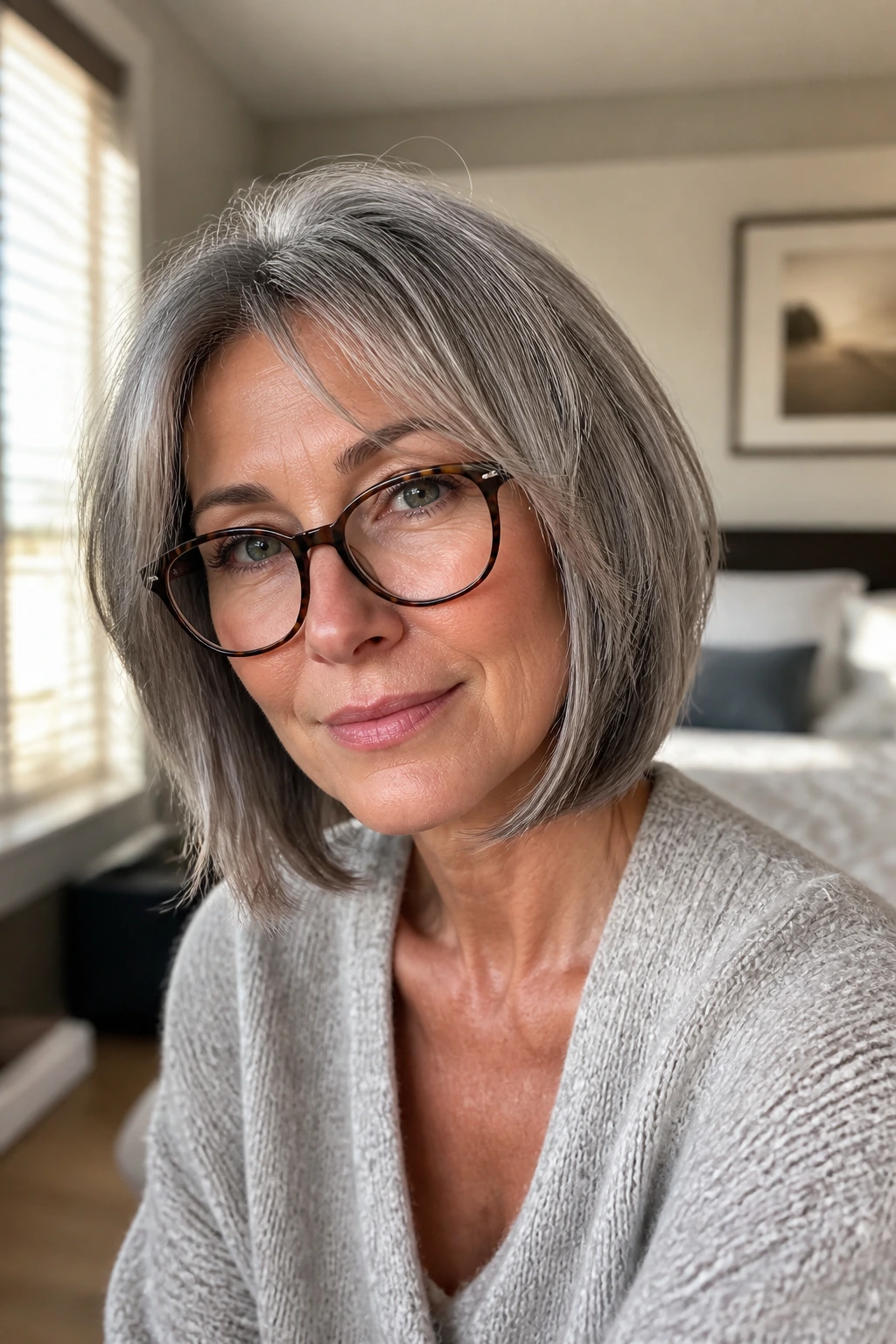 Close-up portrait of a real woman with a soft layered bob in a sunlit room
