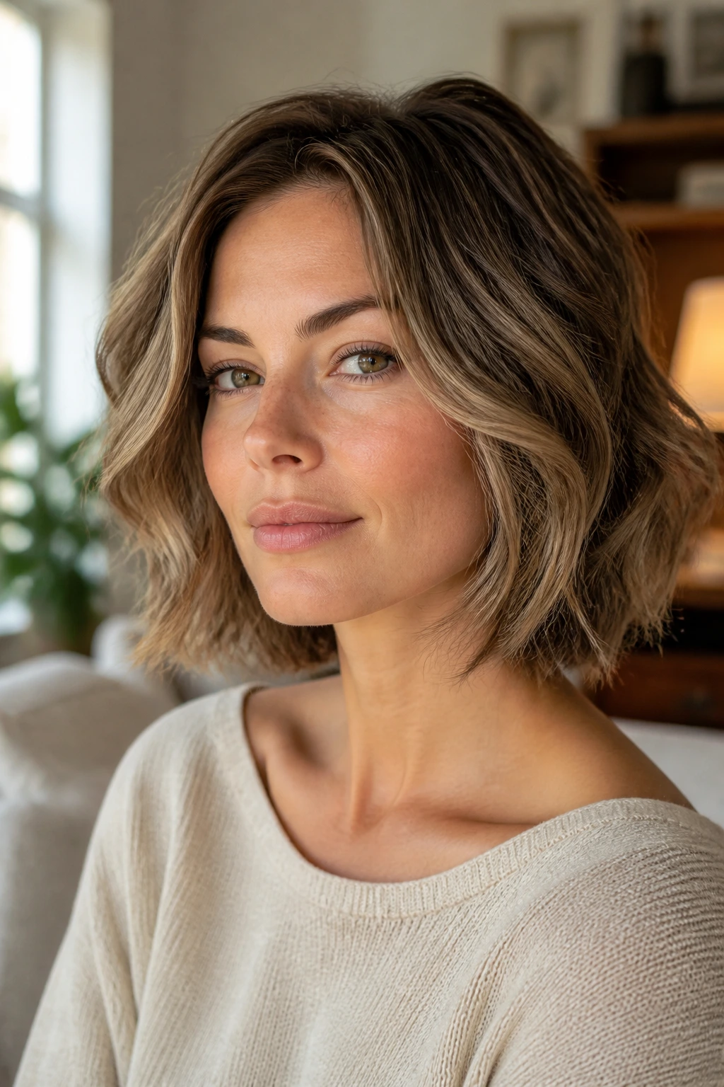 Close-up of a woman with layered bob on wavy hair showing jaw-softening layers