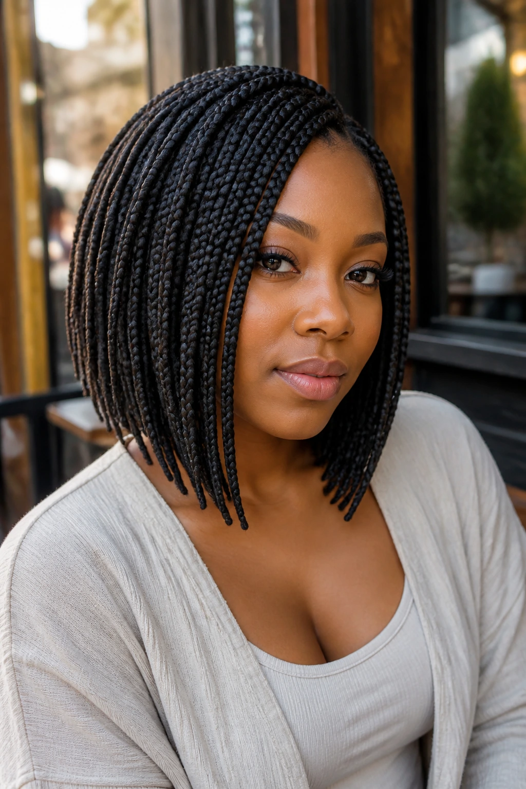 Close-up of real woman with layered box-braid crochet bob