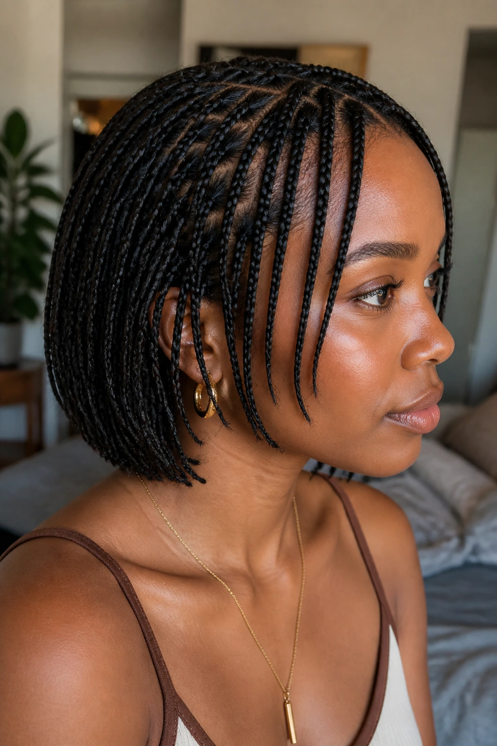Close-up of a real woman with nape-length layered braids.