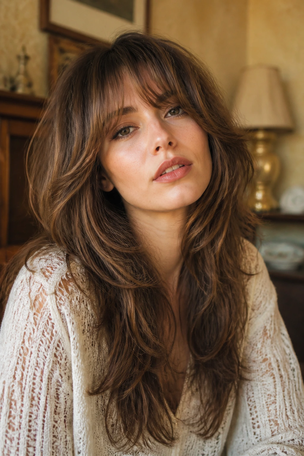 Close-up of a real woman with layered Brigitte bangs and feathered edges
