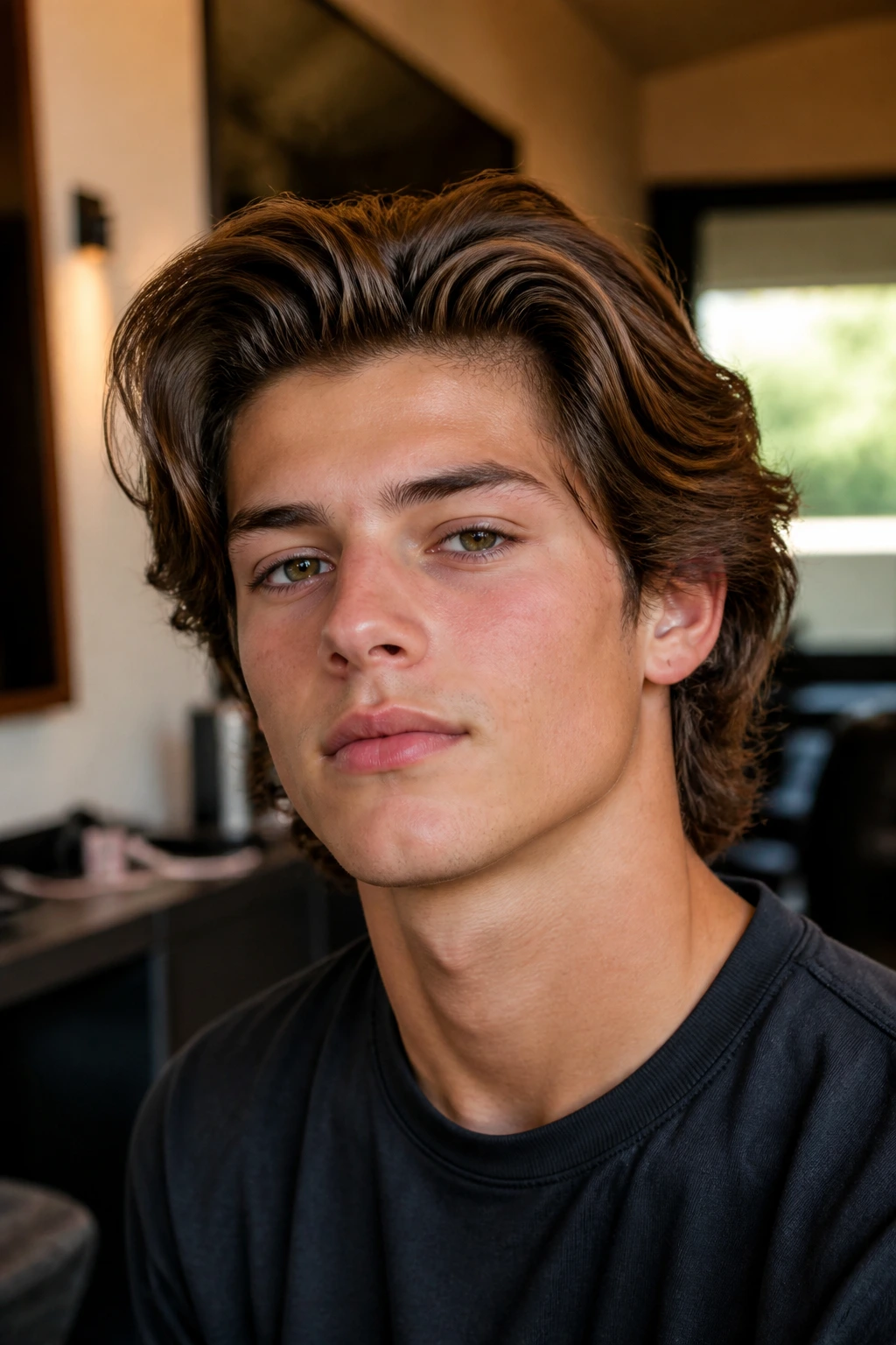 Boy with layered bro flow hairstyle in natural light