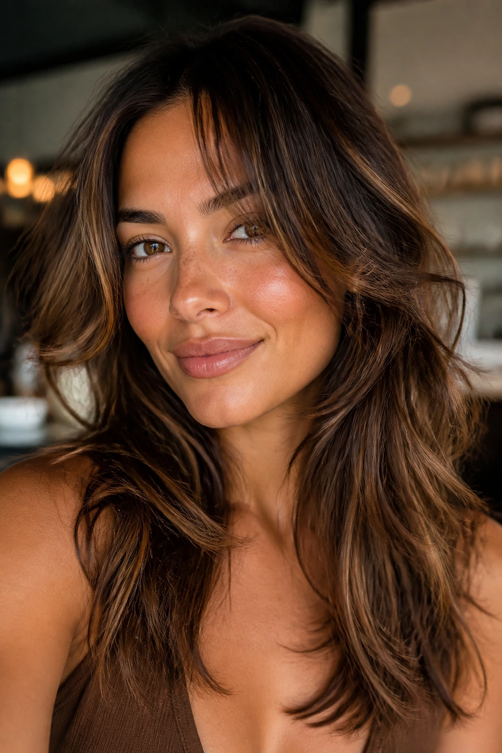Close-up of a real woman with layered brunette cut in a cozy indoor setting