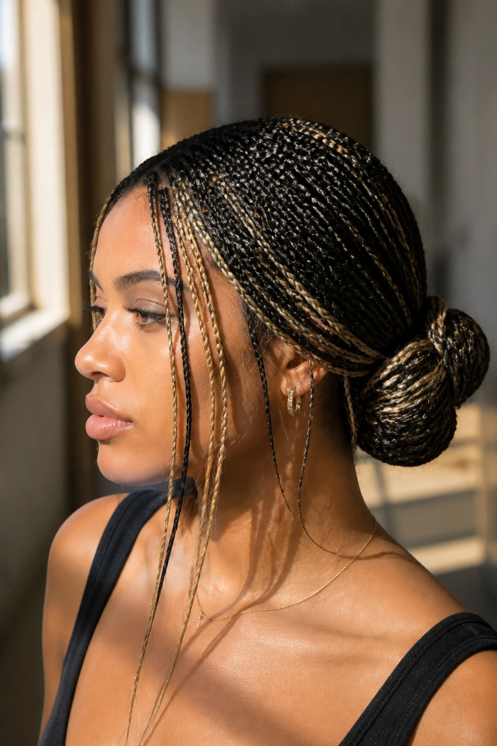 Real woman with a layered-length bun and long tail tucked around the base.