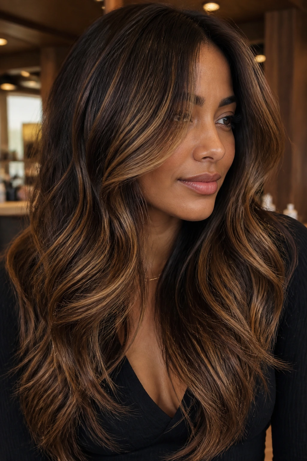 Close-up of thick hair with layered caramel highlights framing the face