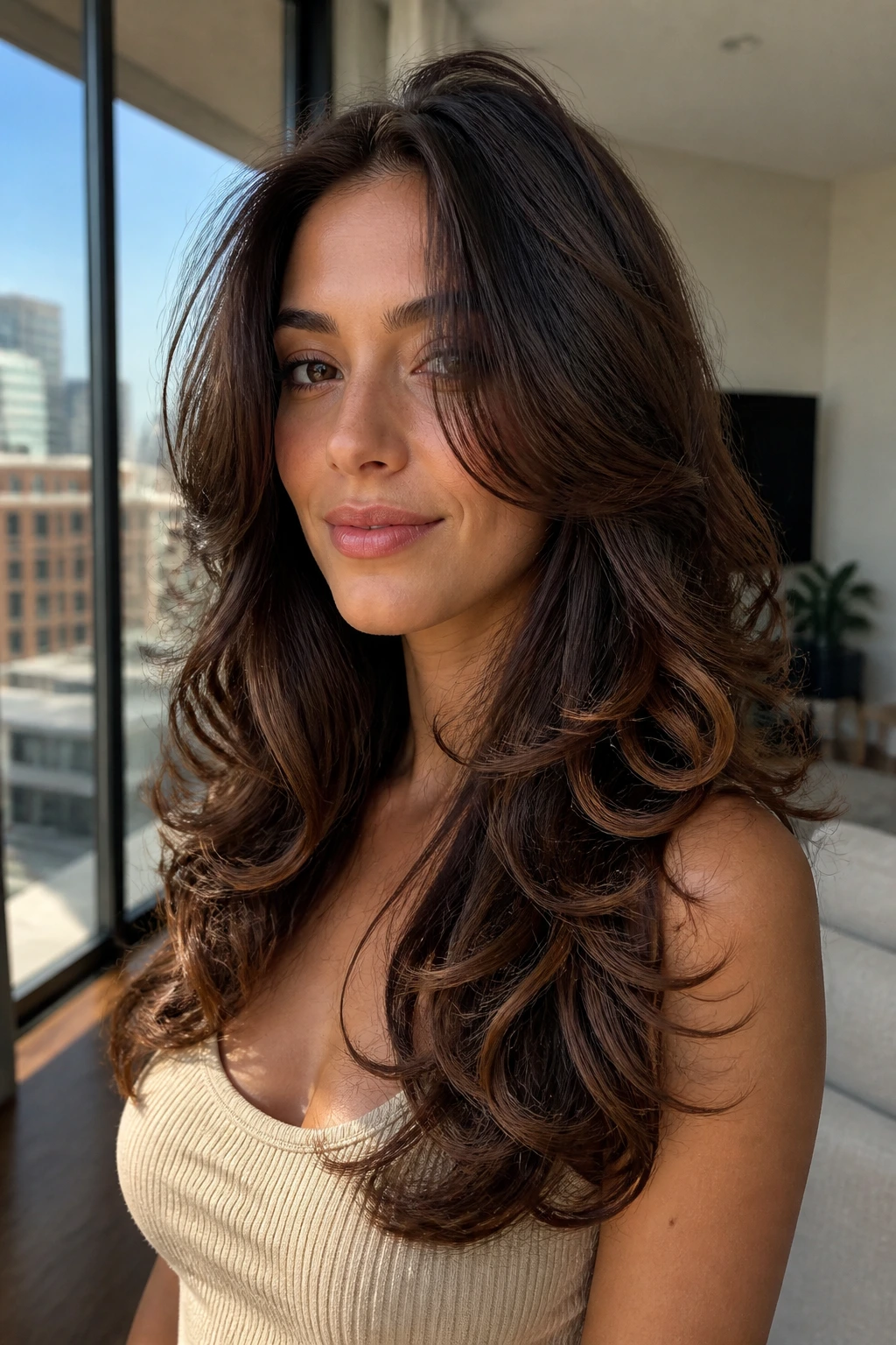 Real woman with layered cascading curls visible from crown to ends