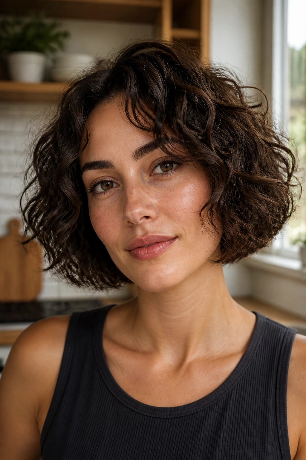 Portrait of a woman with layered chin-length bob in a sunny kitchen.