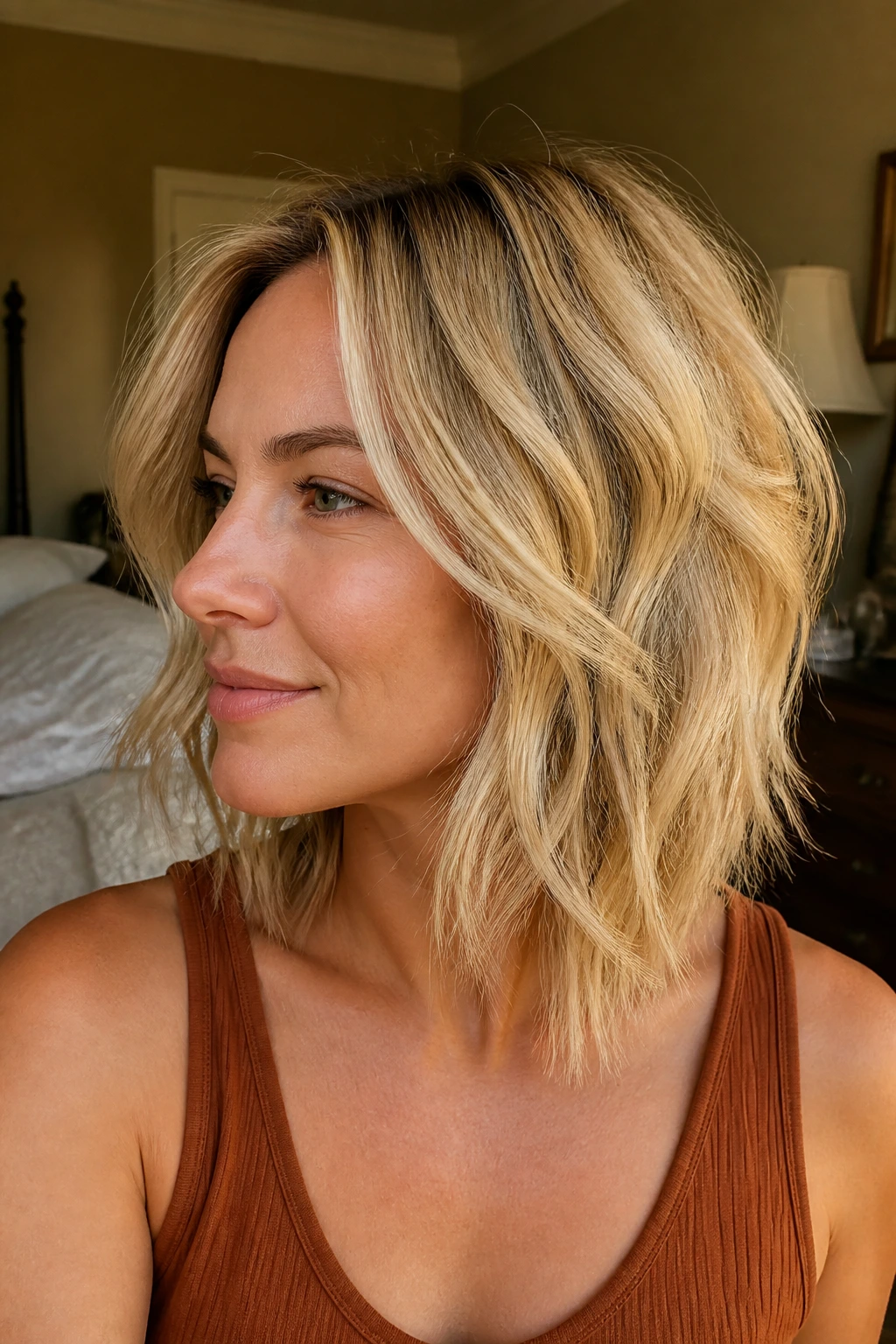 Close-up of a real woman with layered choppy waves around the face, cheekbone start, hair filling the frame.