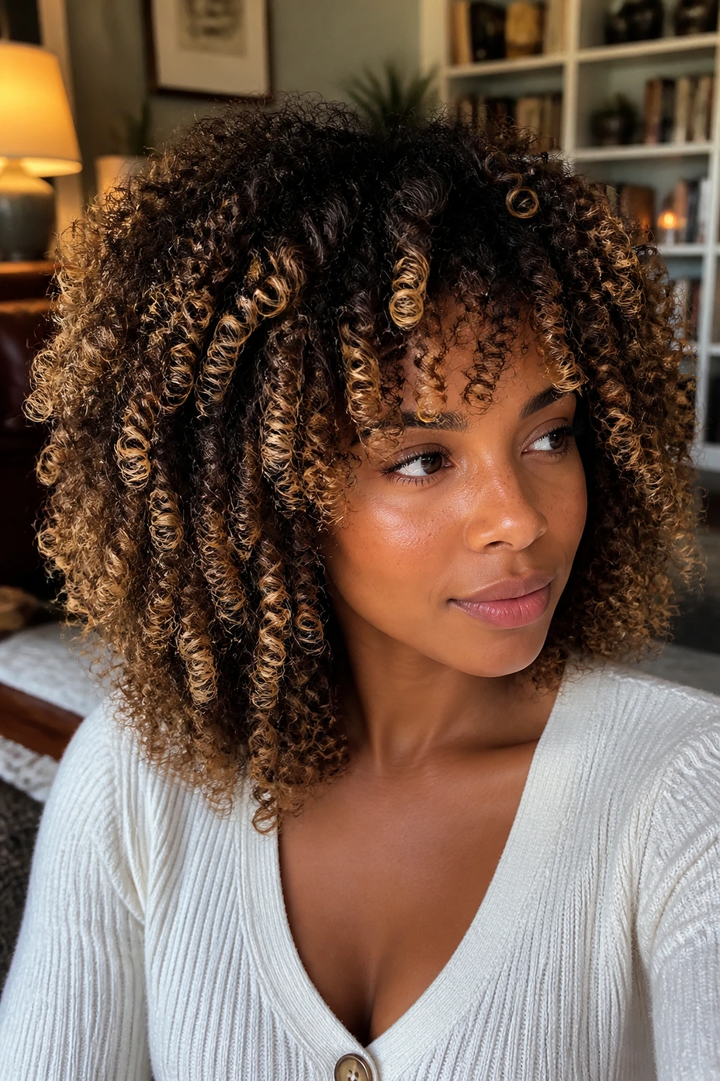 Portrait of layered coil curls with shadow-root dimension