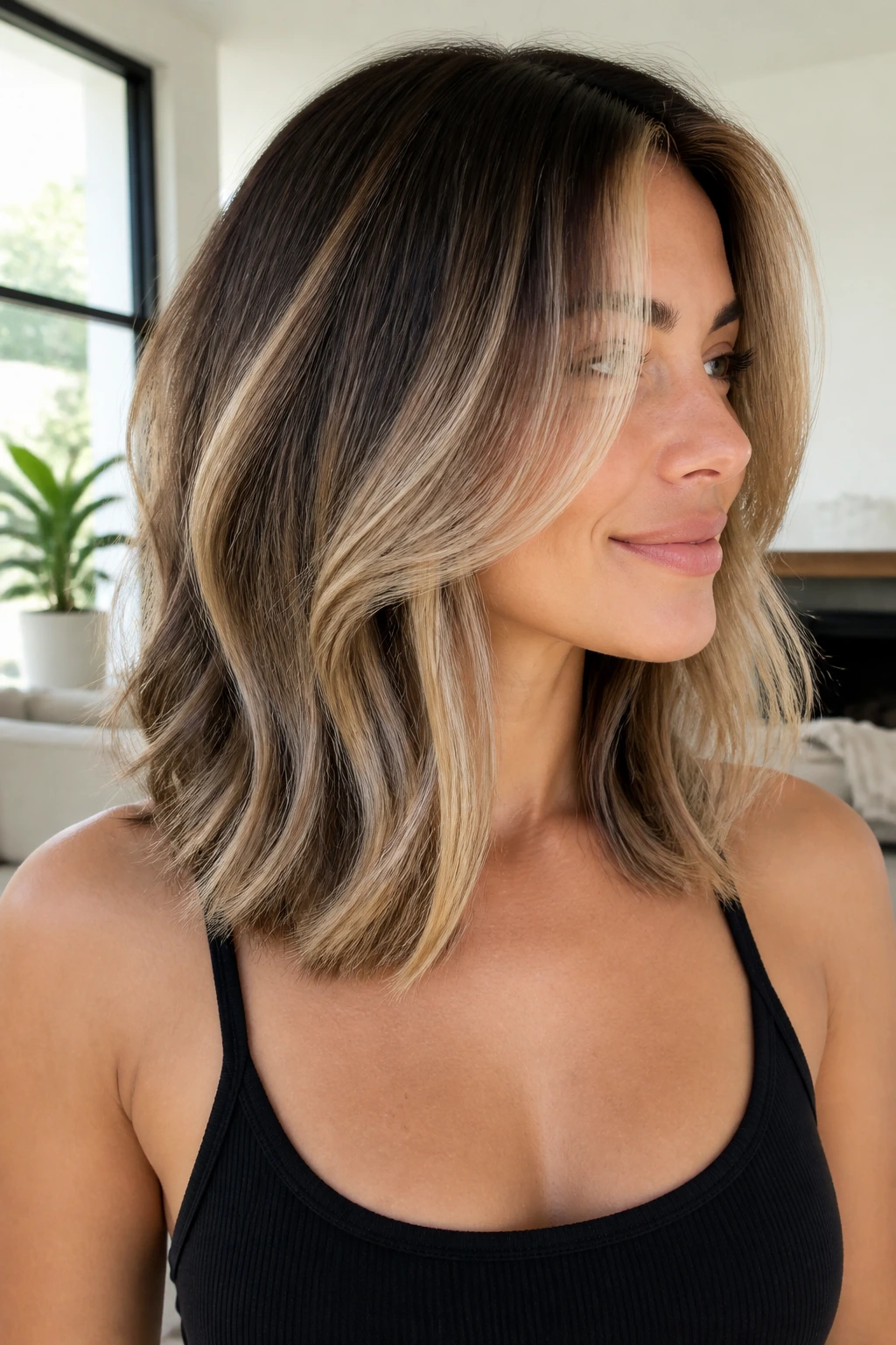 Close-up portrait of a real woman with layered collarbone-length hair showing blonde pieces and lowlights.