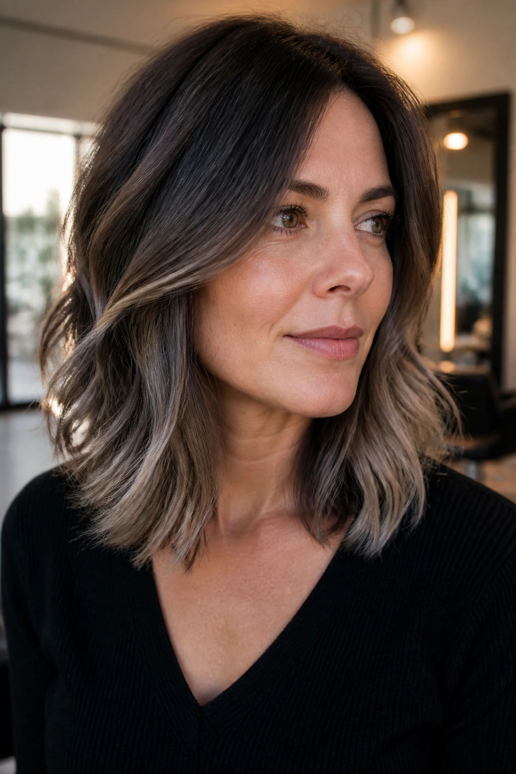 Close-up of a real woman with layered collarbone cut and frosted ends in cool gray-brown hair
