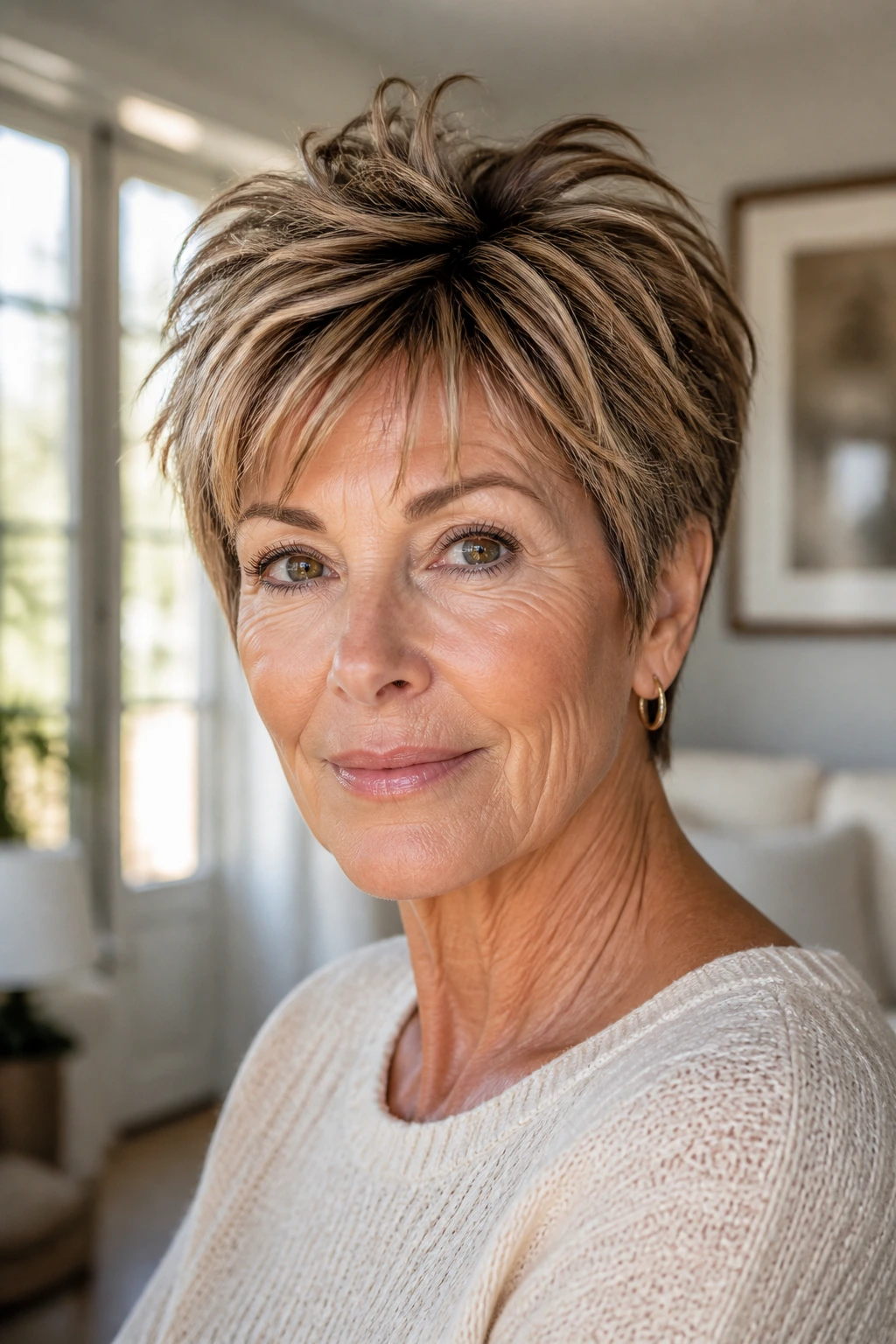 Close-up portrait of a woman with a textured layered crop and caramel highlights at crown and temples