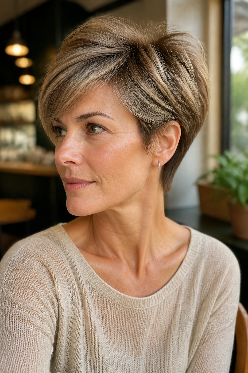 Close-up of a real woman with a layered crop and crown lift.