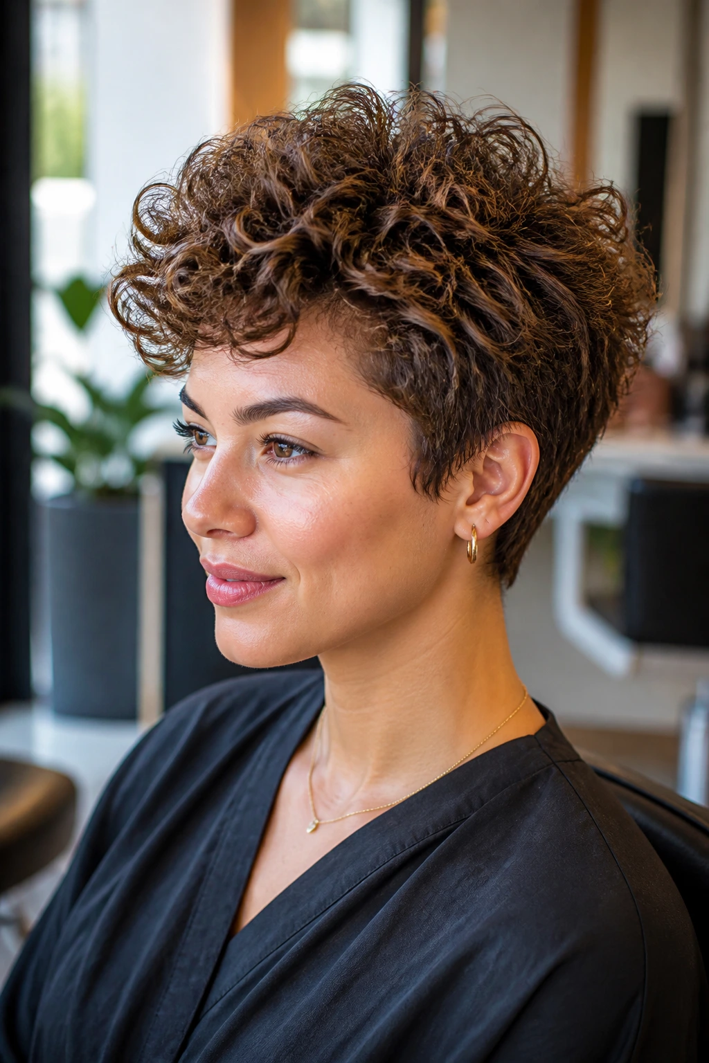 Close-up of a real person with layered crop and crown volume.