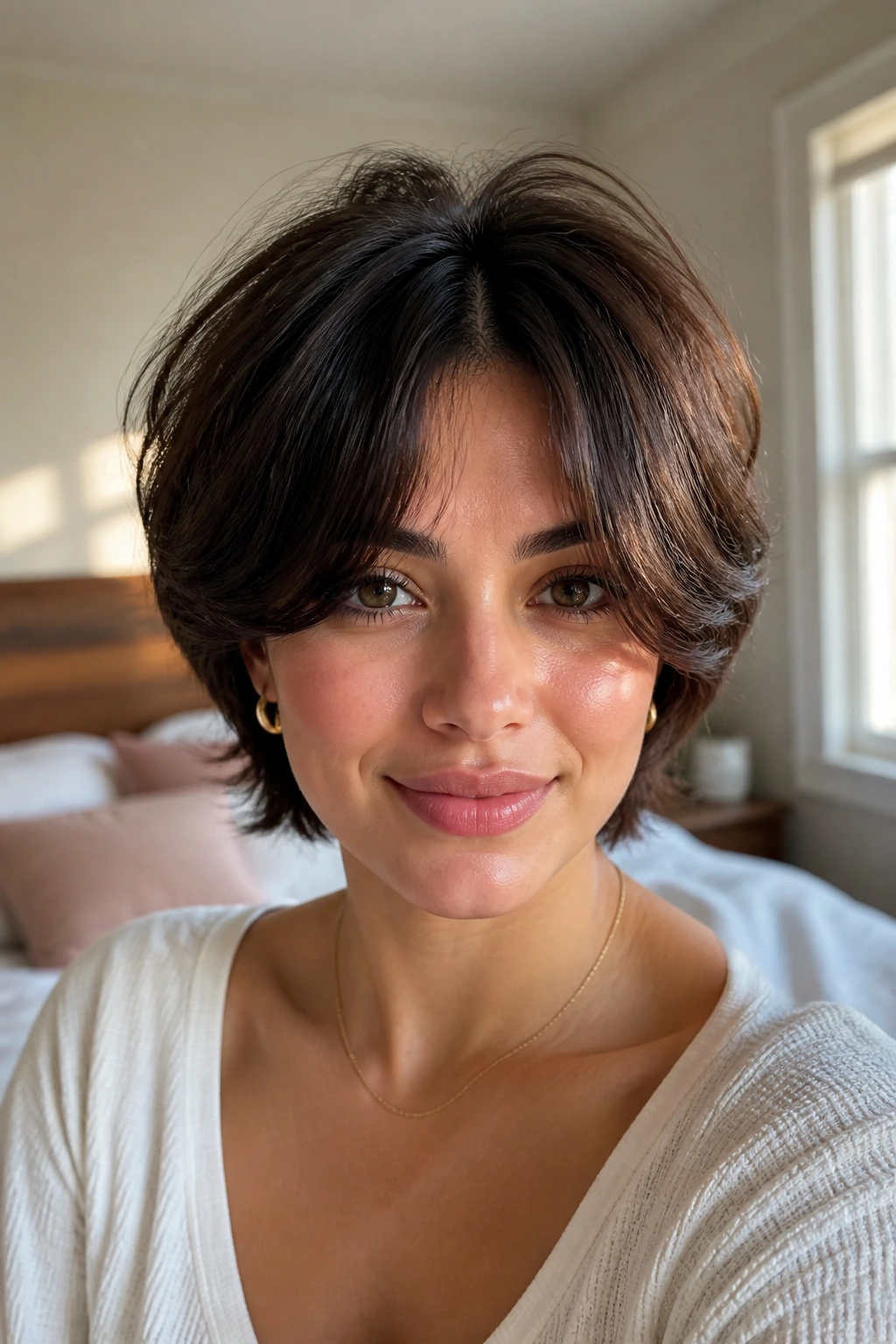 Real woman with layered crop and curtain bangs in soft morning light