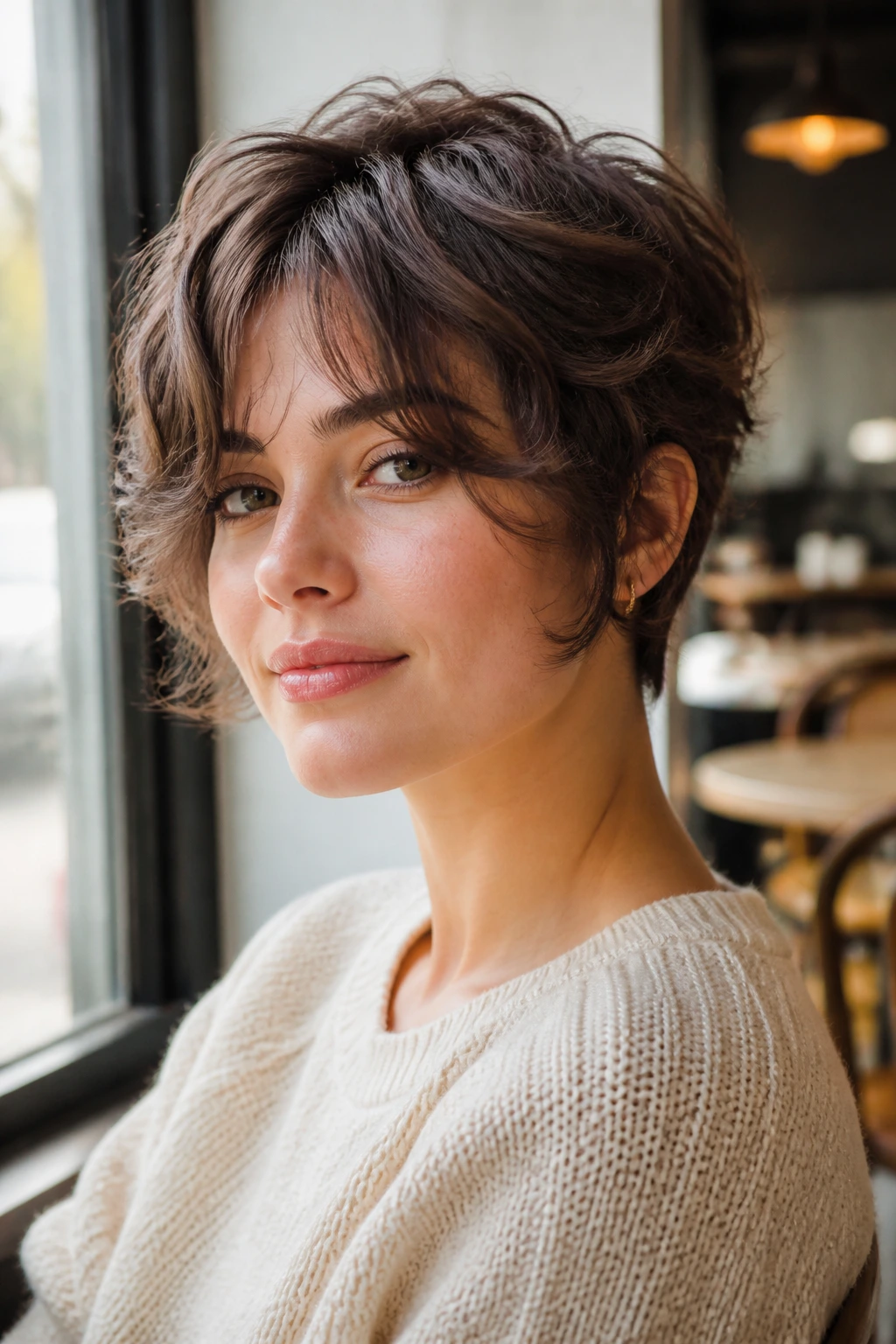 Close-up portrait of a real person with layered crown and curtain bangs framed by natural light in a cafe