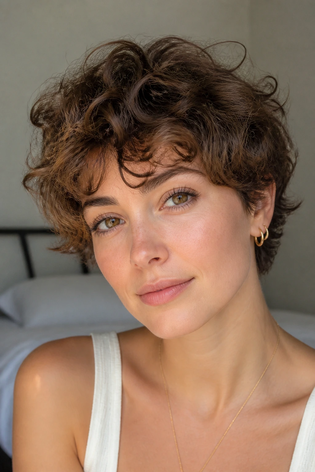 Close-up portrait of a person with a layered crop for fine, soft curls
