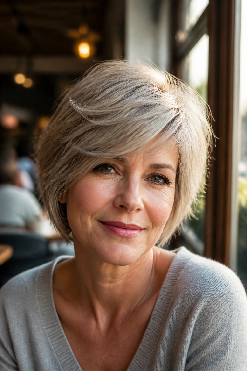 Close-up portrait of a real woman with layered crop and side-swept fringe