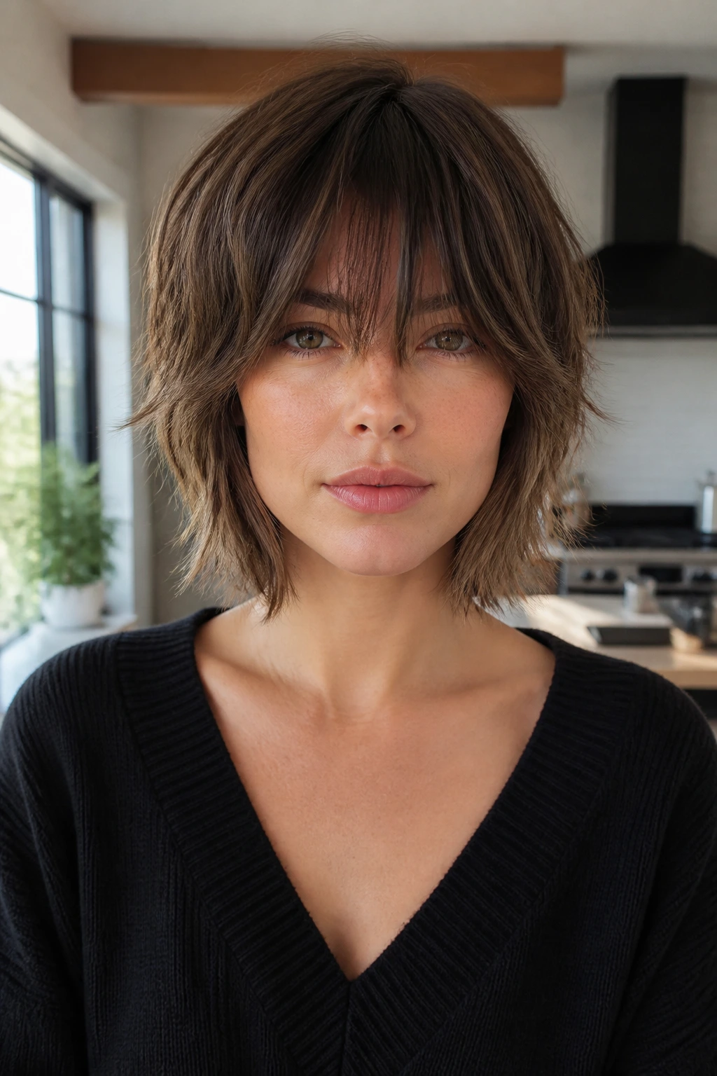 Close-up of real woman with Layered Crop and Long Fringe showing fringe below brows