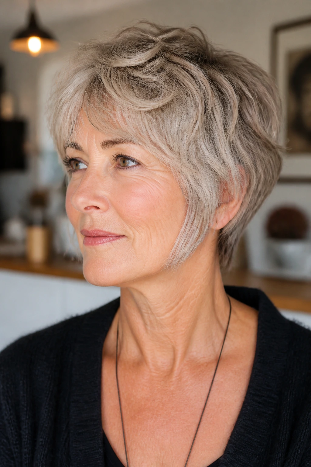 Portrait of a woman with layered crop and long sideburns