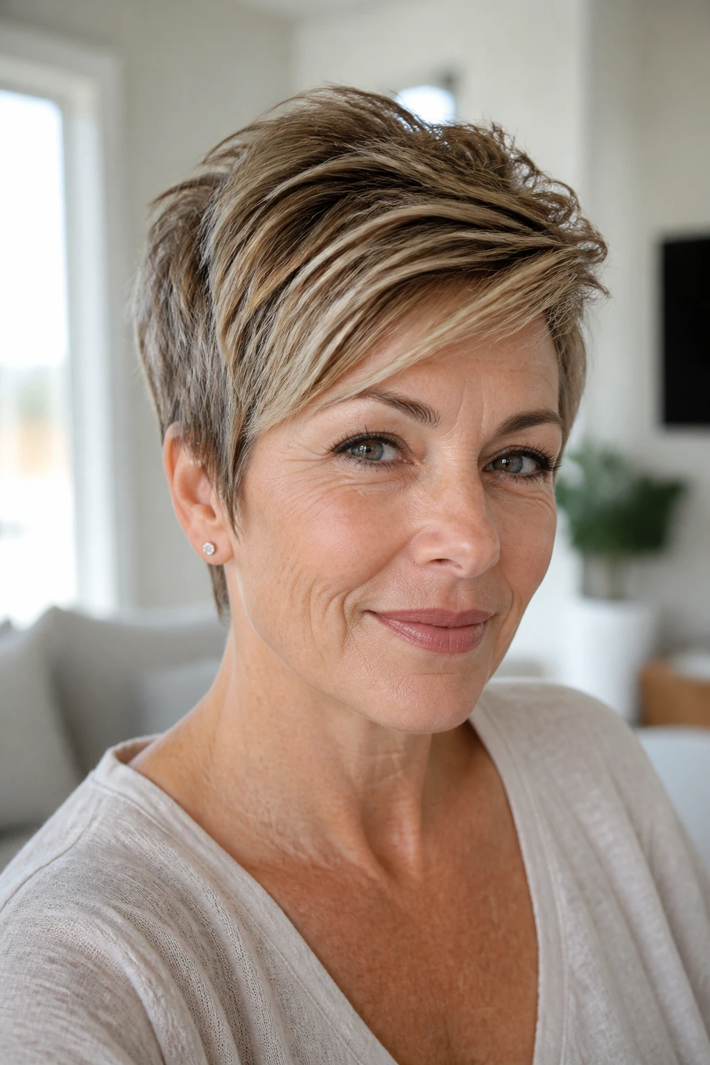 Close-up portrait of a real woman with layered crop and longer top