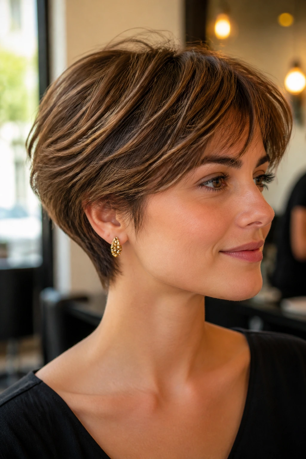 Close-up of a real person with a short layered crop and tucked nape in a warm salon setting
