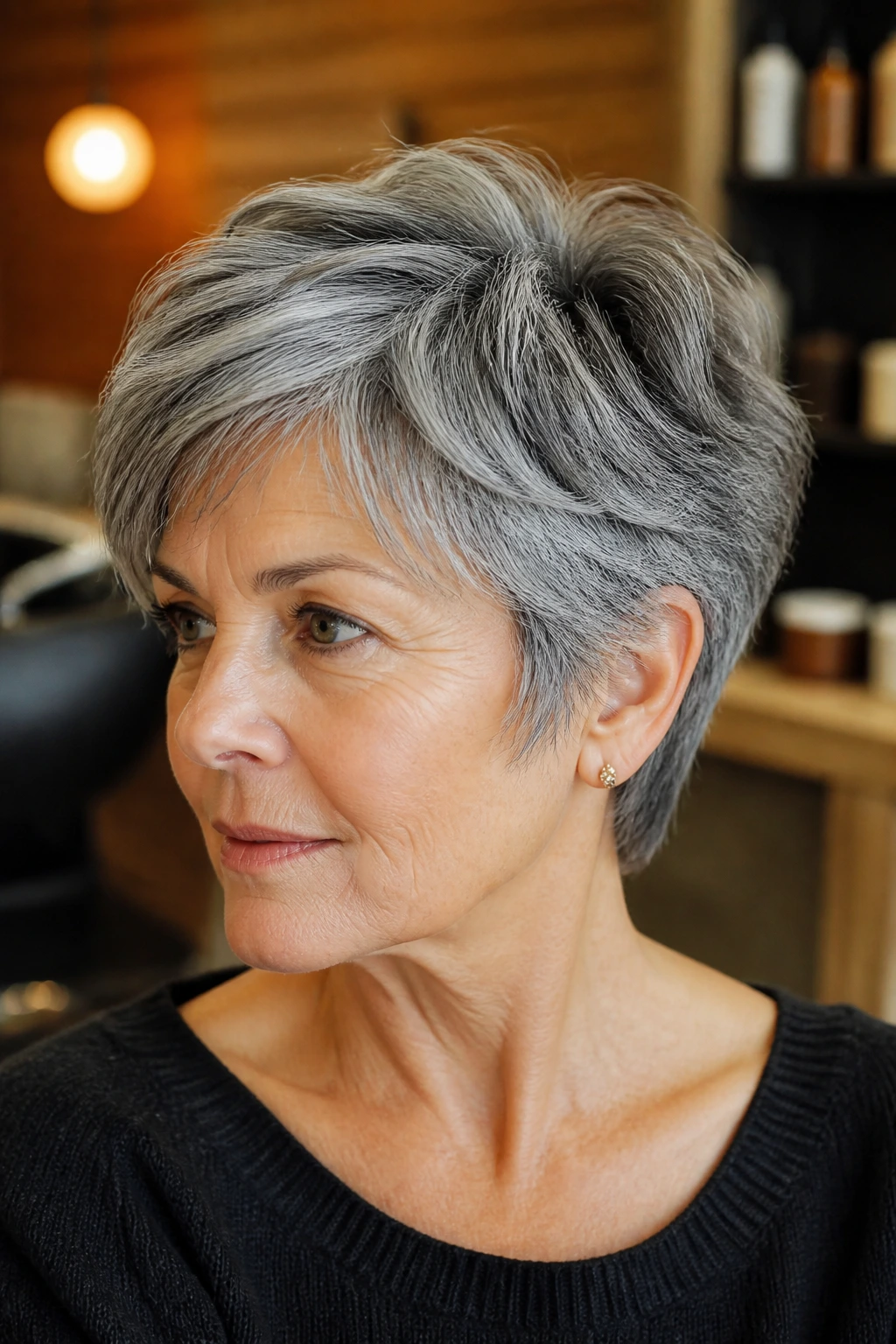 Close-up of layered crop with sideburn framing on a real gray-haired person