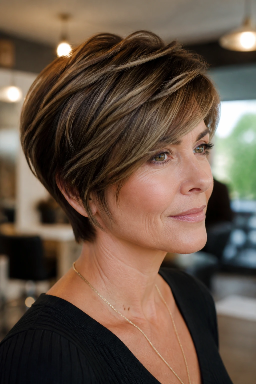 Close-up of a real woman's layered crop with a tapered nape in warm salon light