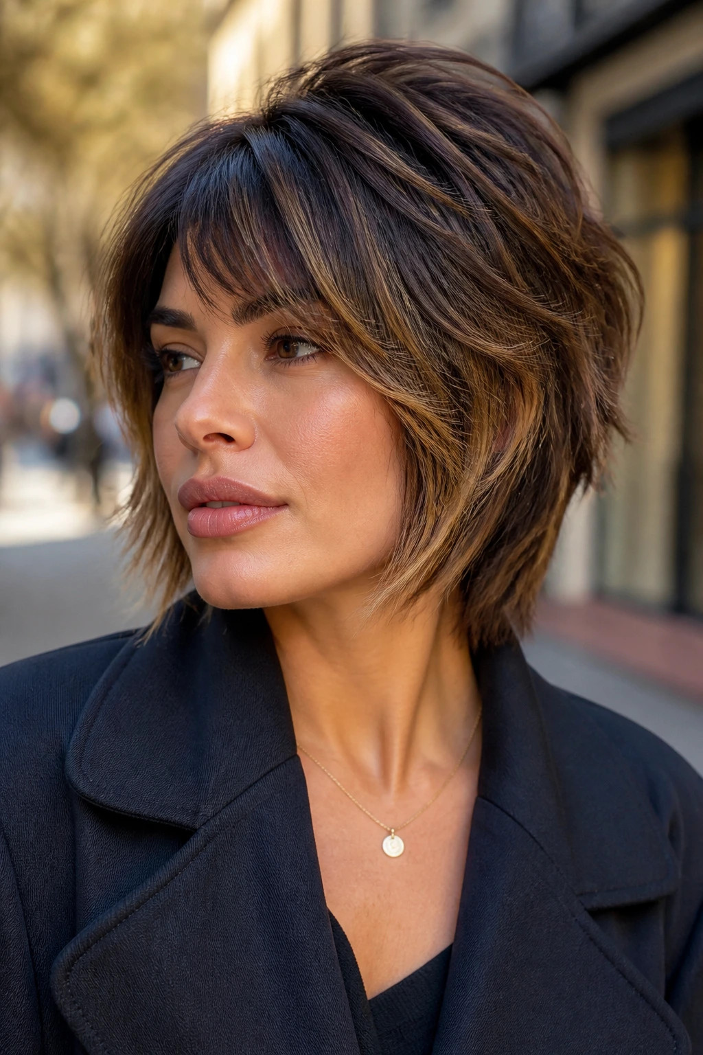 Portrait of a woman with layered crop for thick hair and caramel highlights.