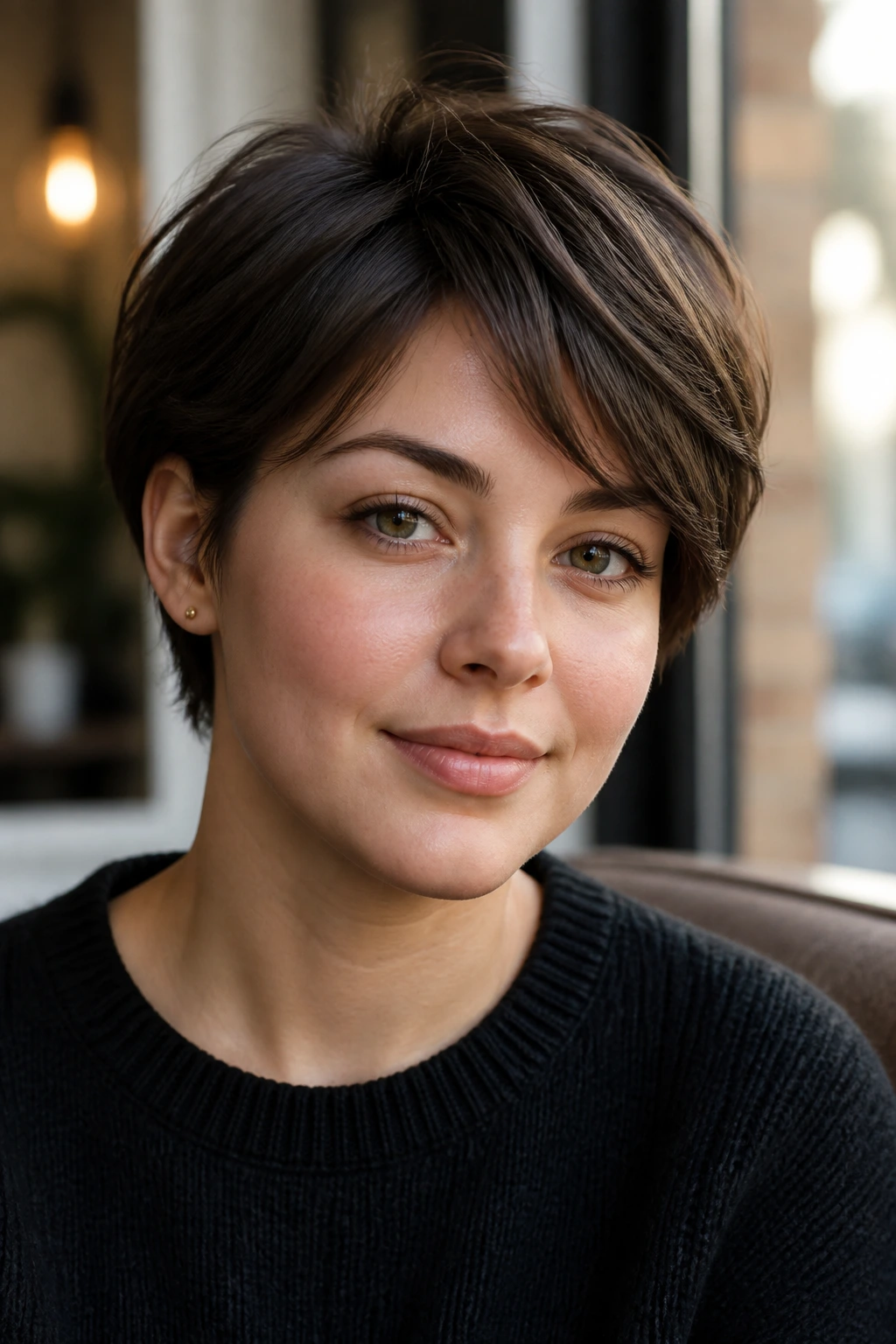 Close-up of a real person with a layered crop and tucked sides.