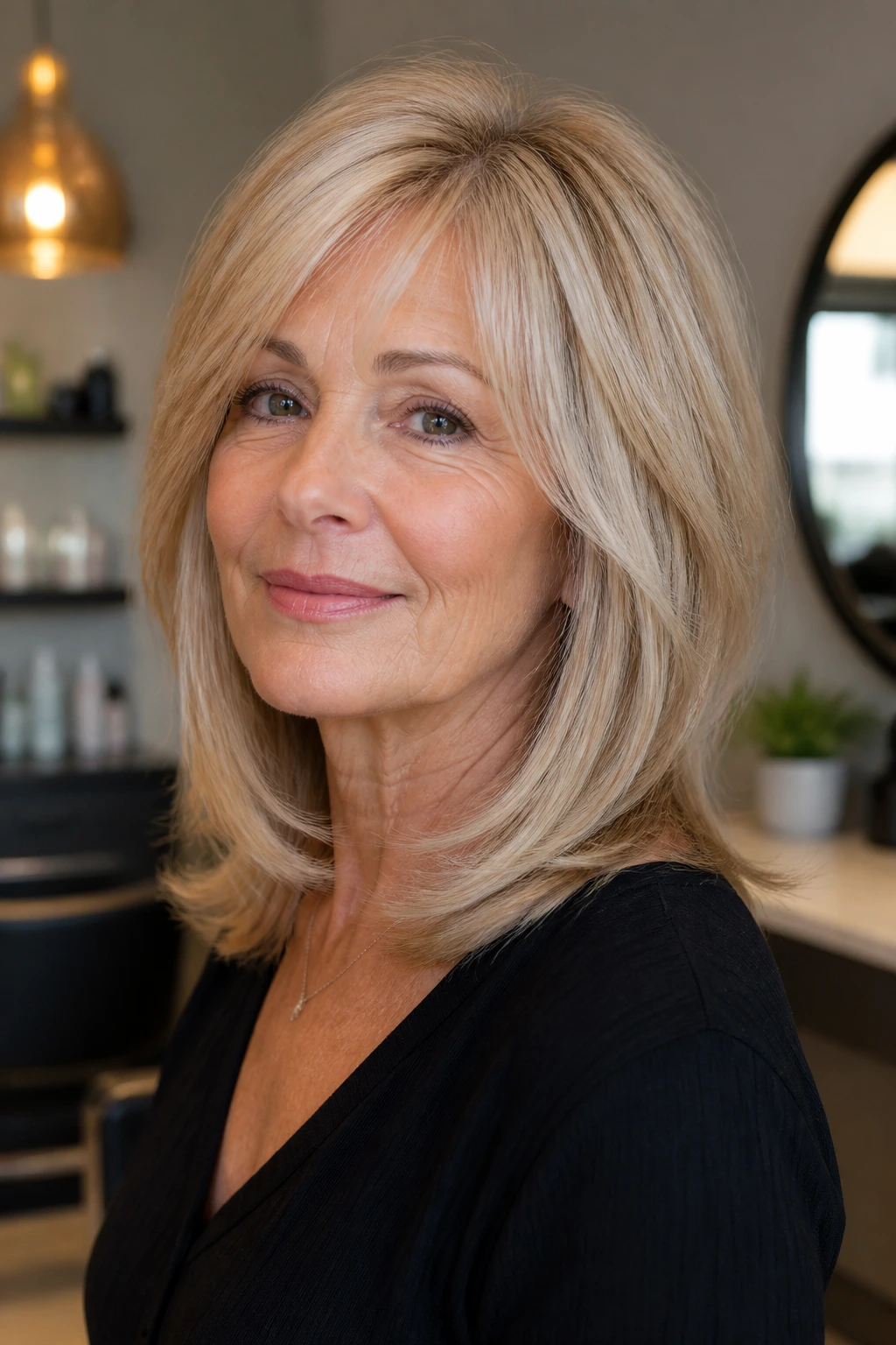 Close-up of a real woman with crown-lifting layers and face-framing pieces for fine straight hair.