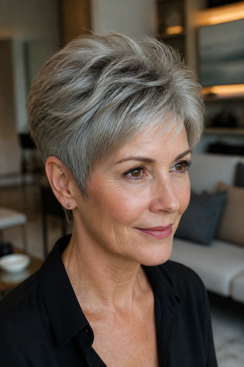 Close-up of a real woman with layered crown-movement pixie hairstyle
