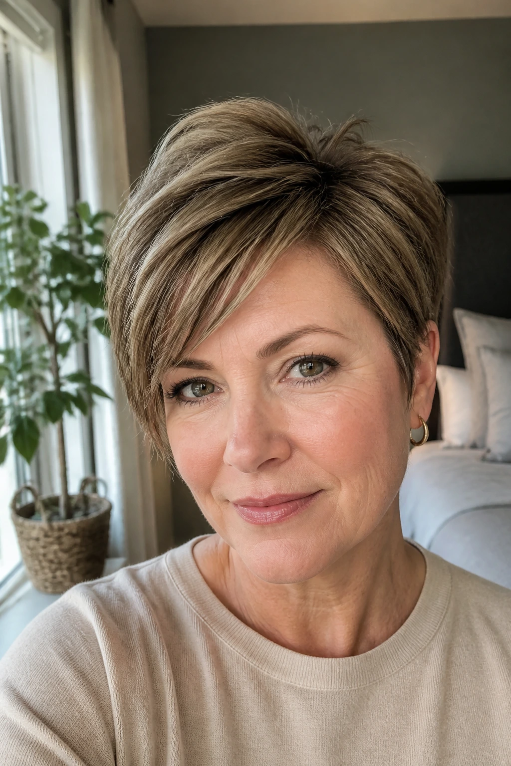 Close-up of real woman with layered crown pixie