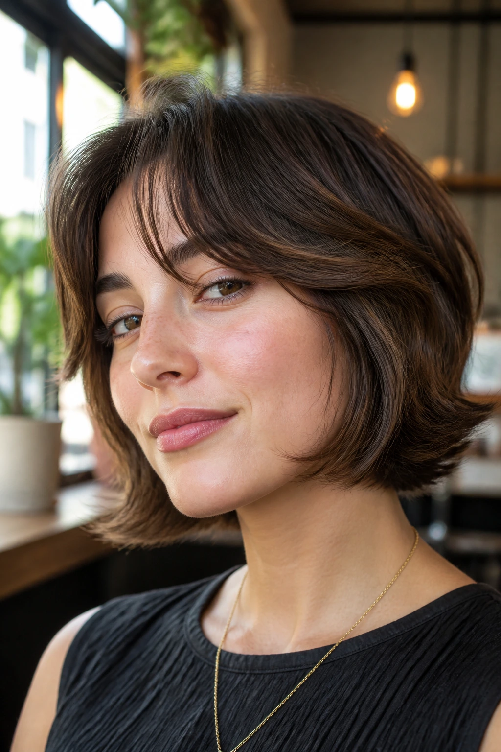 Close-up of a real woman with layered cub cut and flipped ends