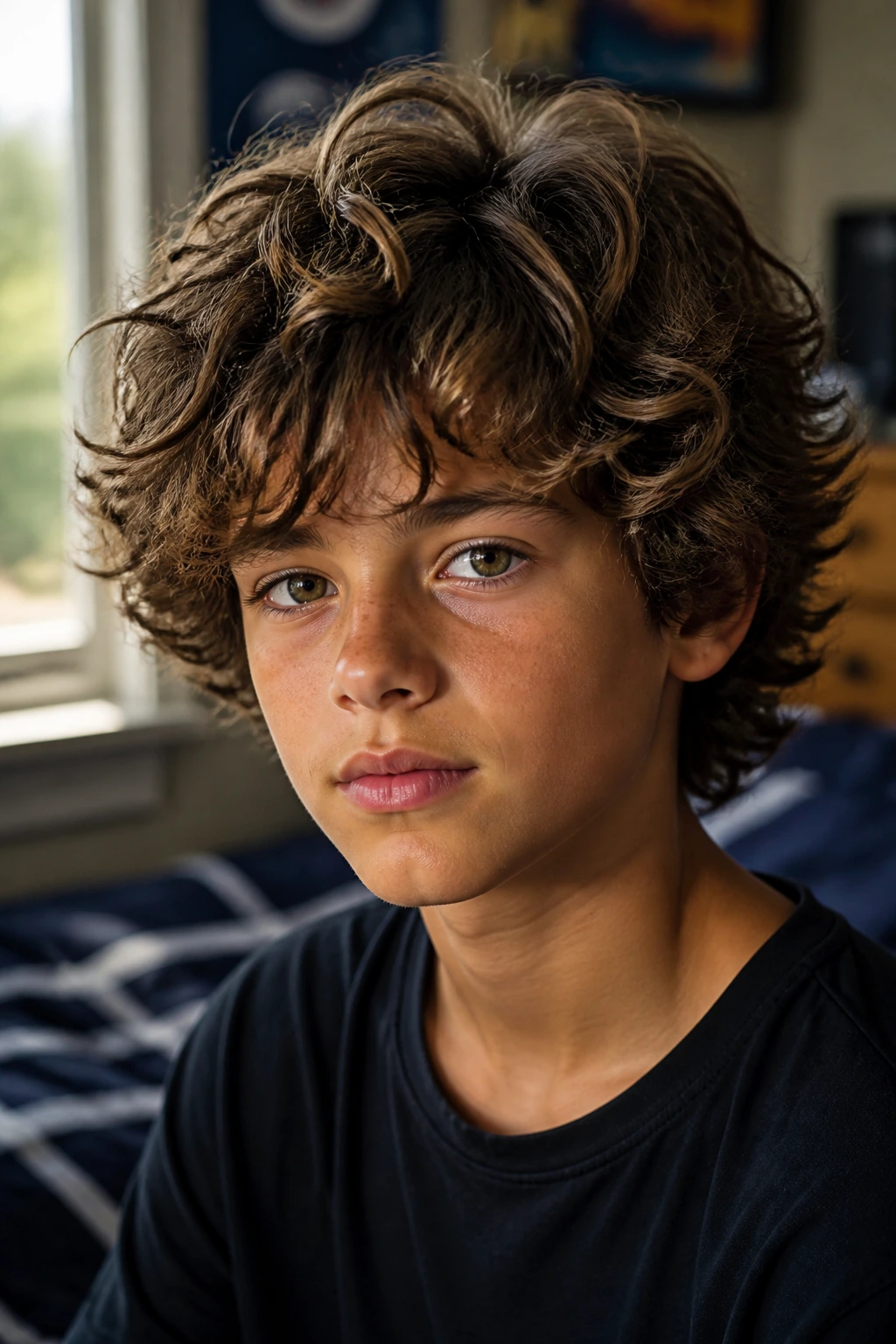 Close-up of a real boy with medium-length layered curls in warm window light