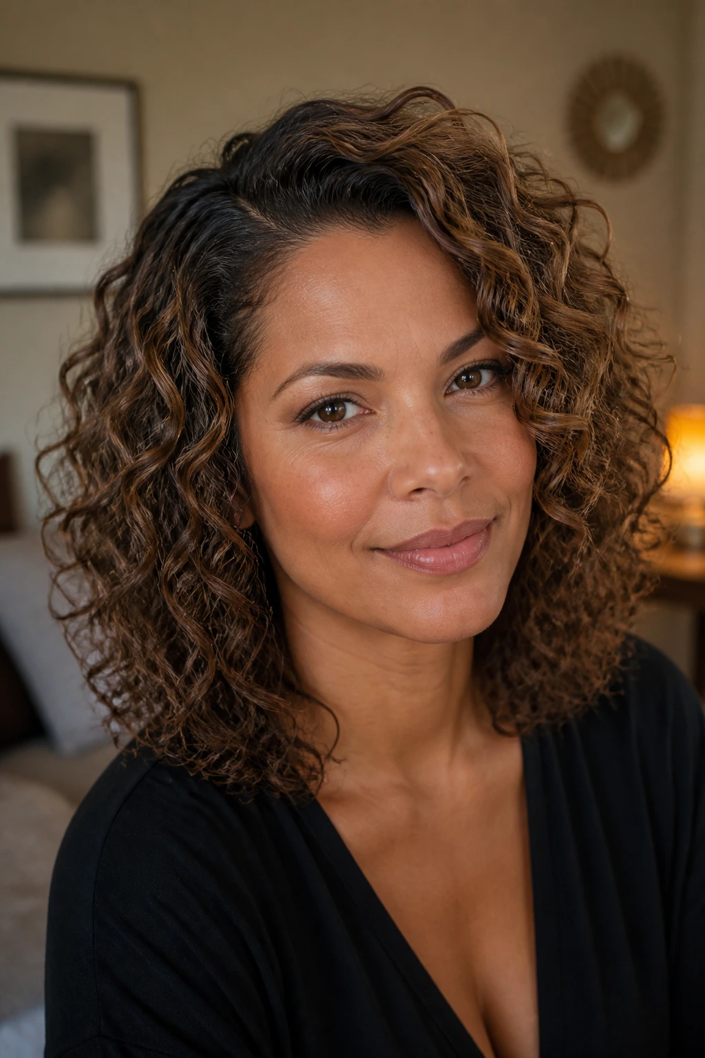 Close-up of a real woman with layered curls and a deep off-center part