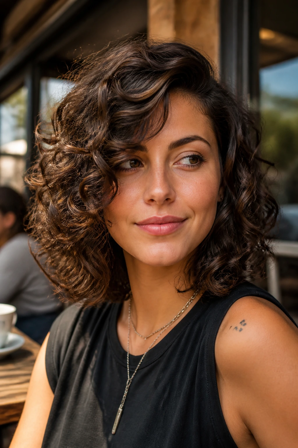 Medium close-up of a woman with shoulder-length layered curls and a deep side part in outdoor light