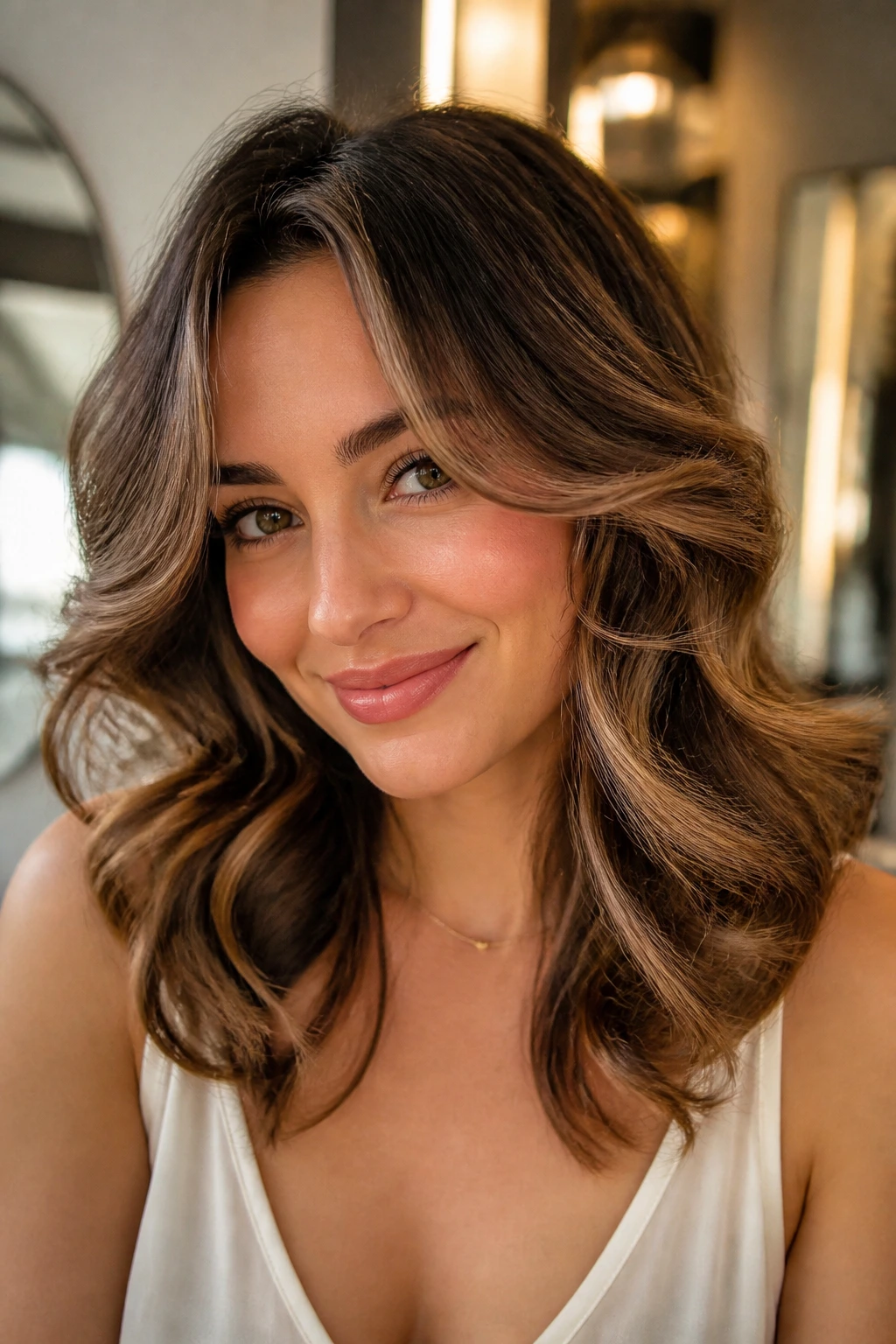 Close-up portrait of a real woman with layered face-frame curls around the cheeks, warm salon light