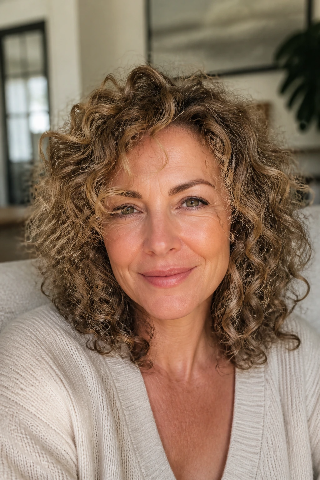 Close-up of a real woman with layered curls around the face in a sunlit living room
